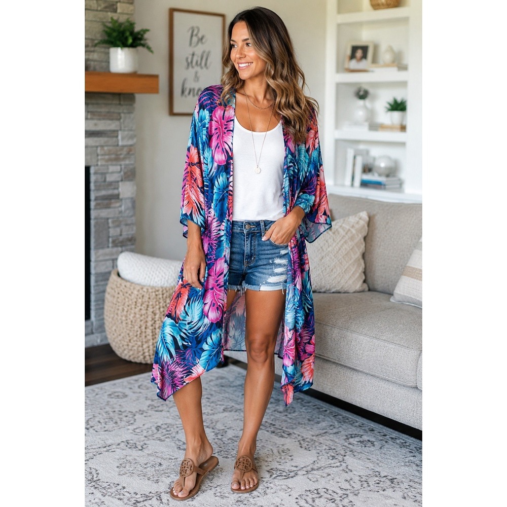 LuLaRoe Monroe Kimono Medium Tropical Floral Palm Print Open Front Cover Up Boho